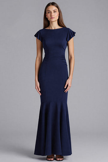 Navy Mermaid Cap Sleeves Ruffled Long Formal Dress
